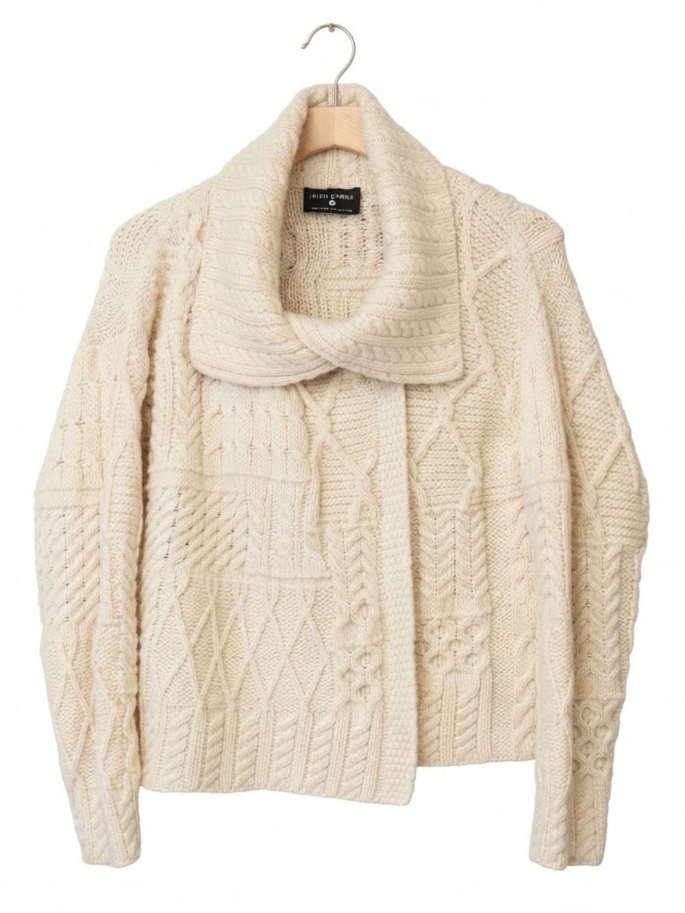 The Irish Store 100% Wool Traditional Aran Knit One-Button Cardigan Cream Medium